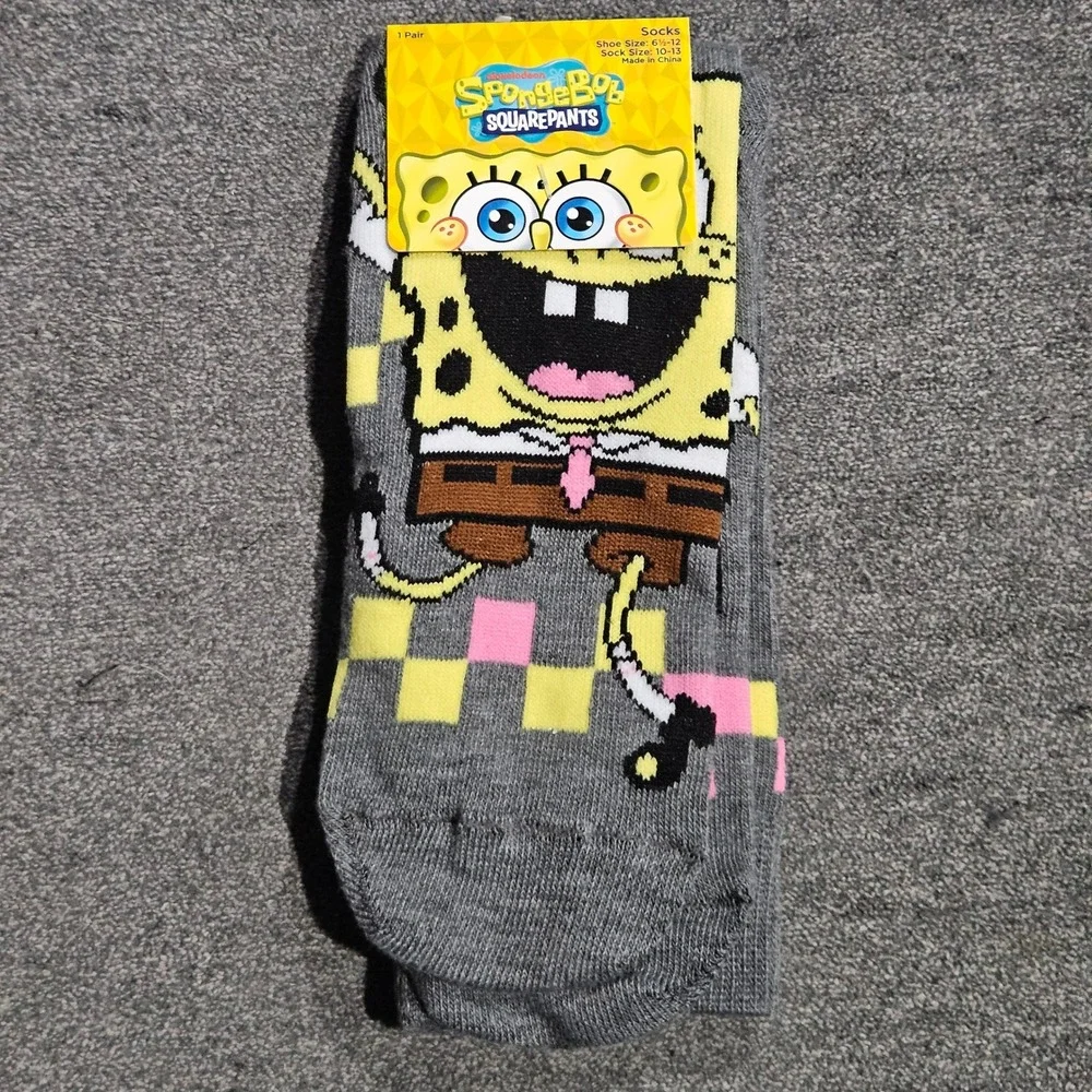 Nickelodeon SpongeBob SquarePants Gray Checkered Crew Socks Unisex Size 6.5-12